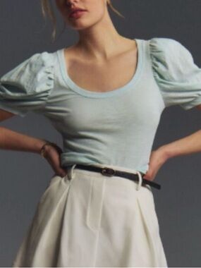 Anthropologie Light Blue Puff Sleeve Scoop Neck Tee